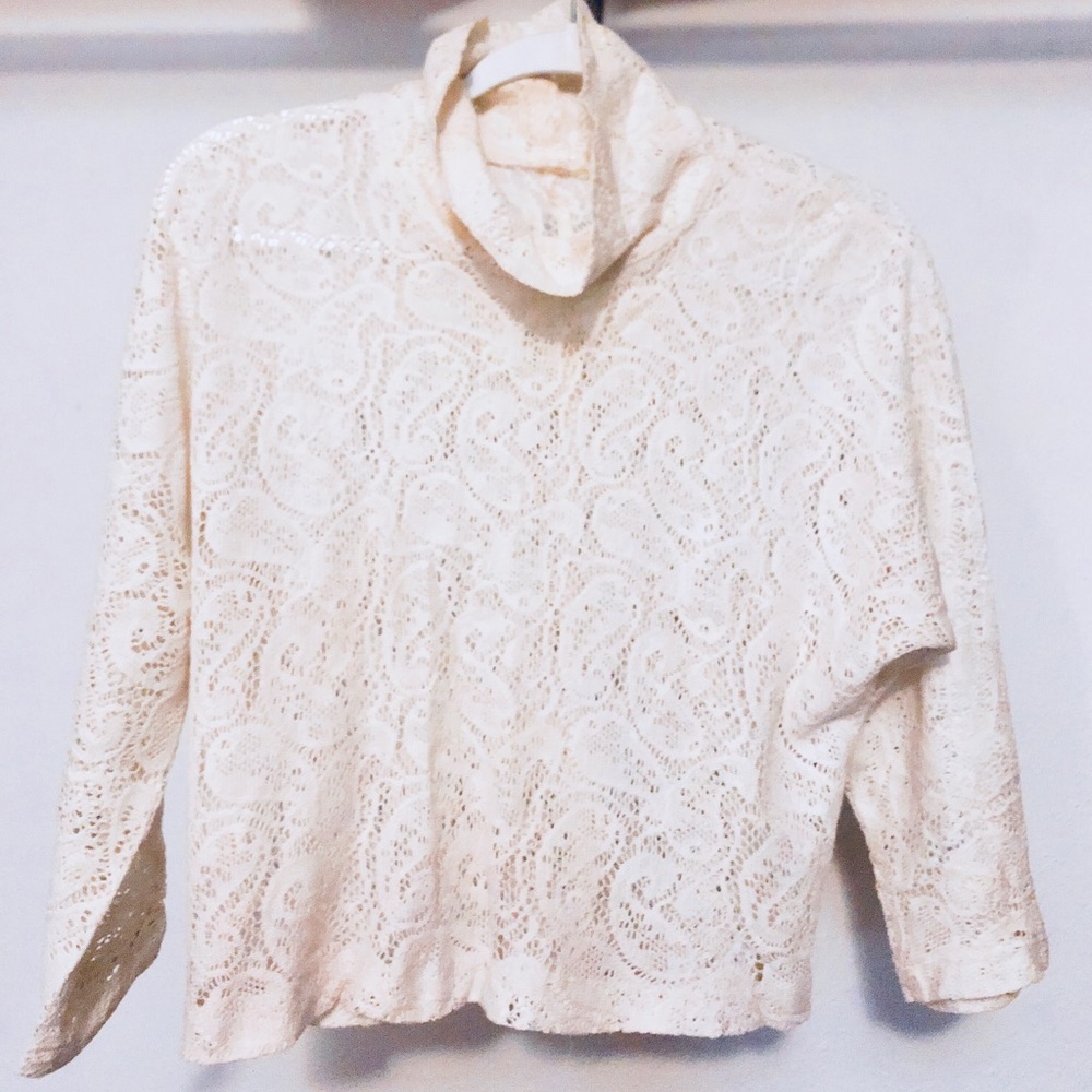 VTG IVORY LACE Cropped Turtleneck Top Mid Century